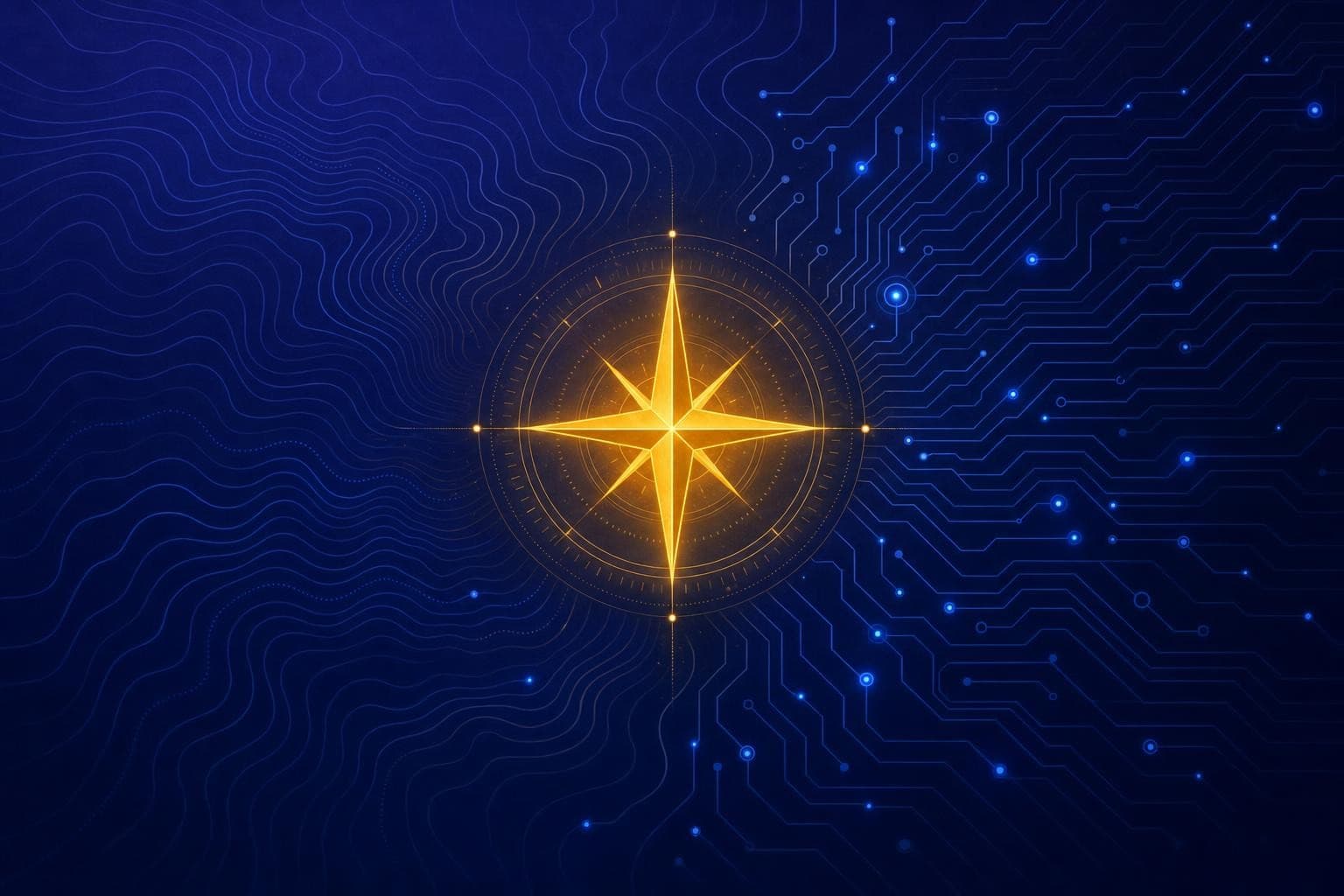 A glowing golden compass star woven into AI circuitry and topographic contour lines, on deep indigo